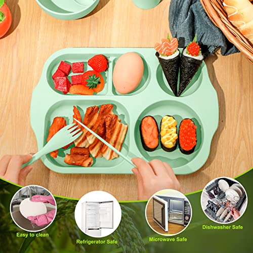 Honoson 24 Pcs Wheat Straw Dinnerware Cutlery Set, Service for 4, Unbreakable Plates and Bowls Set - Divided Plates, Bowls, Spoons, Forks & Knives, Microwave & Dishwasher Safe(Green) - color: Green