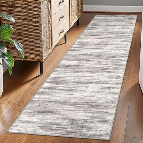 KOZYFLY Modern Abstract Washable Rug Runner 2x7 Hallway Runner Rug Non-Slip Soft Kitchen Runner Rugs, Print Grey/Light Beige/Brown Striped Carpet Runner for Entryway Bathroom - color: Grey/Light Beige/Brown, size: 2' x 7' (Runner)