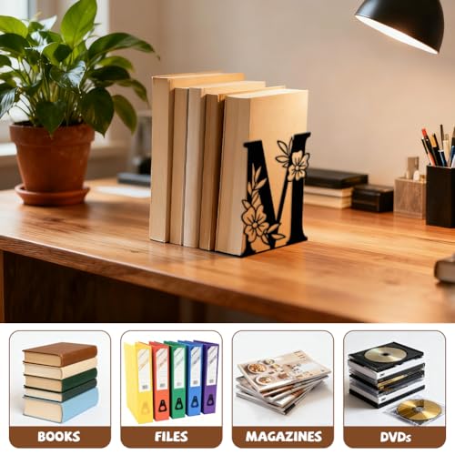 5.3"x4.3"x7.1" Metal Bookends, Heavy Duty Book Ends for Shelves | Letter M with Flowers Theme Cast Iron Book Supports, 1 Pair Decor Stoppers for Desk, Library, Office & Home Shelves - style: Letter M with Flower