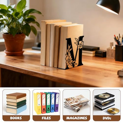 5.3"x4.3"x7.1" Metal Bookends, Heavy Duty Book Ends for Shelves | Letter M with Flowers Theme Cast Iron Book Supports, 1 Pair Decor Stoppers for Desk, Library, Office & Home Shelves - style: Letter M with Flower