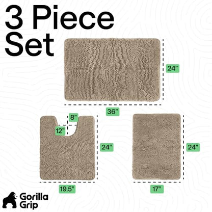 GORILLA GRIP Bathroom Rug Sets 3 Piece, Bath Mat Set and Oval Toilet Base with Rubber Backing, Plush Absorbent Shaggy Chenille Washable Mats, Includes 24x19.5, 24x17 and 36x24 Inch Rugs, Gray Beige - color: Gray Beige, style: 24"x19.5" + 24"x17" + 36"x24"