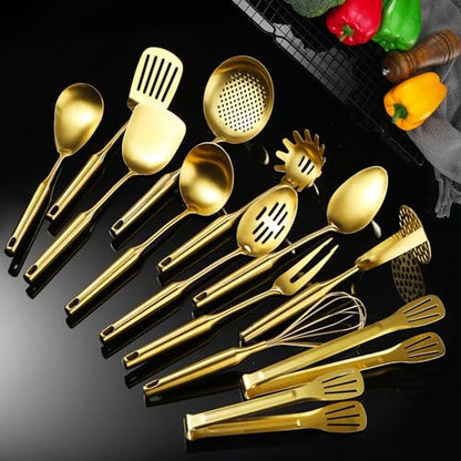 Gold Kitchen Cooking Utensils Set 13 PCS Stainless Steel 12-13.7" | Food-grade 304, Dishwasher Safe,Rust-proof, Made To Last,Easy To Store,Good Choice for Presents - color: Gold-13