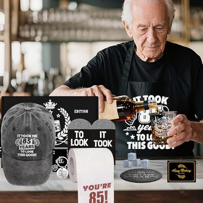 85th Birthday Gifts for Men Whiskey Glass Set, 85th Birthday Party Supplies with 11 Oz Whiskey Glass Coaster Stone Baseball Cap Apron Sock Toilet Paper Keychain for Him, Dad, Husband, Friends - style: 85th Birthday