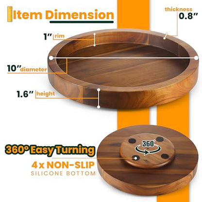 TIDITA 10" Wooden Lazy Susan Organizer for Cabinet, 360° Rotation, High Rim | Solid Acacia Wood, Non-Skid Pads, Swivel Round Lazy Susans Turntable for Countertop, Decorative Tray, Cheese Board, Multi-Use - size: 10 Inch