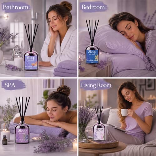 STRN Reed Diffuser Sets, 4 Lavender Scent Diffuser Summer Fragrance 200ML | Long-Lasting Geranium, Juniper, Vanilla, Amber Scents for Bedroom SPA Home - color: Purple 2