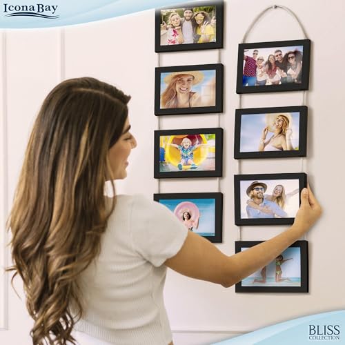 4x6 Hanging Picture Frames Collage with 8 Openings - Basic Black, 2 PK | Icona Bay casual style engineered wood frames, designed for wall hanging, space-saving photo display, Bliss collection - color: Basic Black, size: 4x6