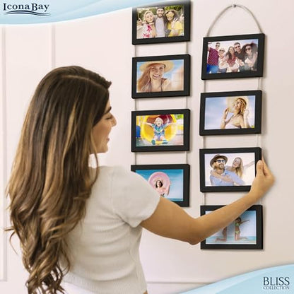 4x6 Hanging Picture Frames Collage with 8 Openings - Basic Black, 2 PK | Icona Bay casual style engineered wood frames, designed for wall hanging, space-saving photo display, Bliss collection - color: Basic Black, size: 4x6