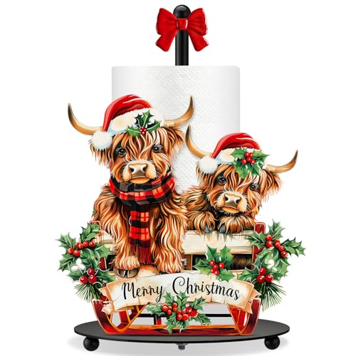 Christmas Highland Cow Paper Towel Holder with Round Base | Rustic Bathroom Countertop Decor, Festive Dispenser for Toilet Home Accessories, Holiday Organizer with Stable Base Design - style: Christmas Highland Cow