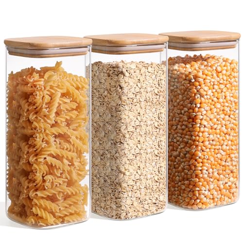 ComSaf Glass Storage Containers wtih Lids 1.9 Qt, Set of 3 Food Storage Jar | Pantry Storage Containers, Glass Jar, Square Canisters, Bamboo Lid with Silicone Seal, Cookie, Cereal, Coffee, 61oz, BPA Free - size: 1.9Qt*3