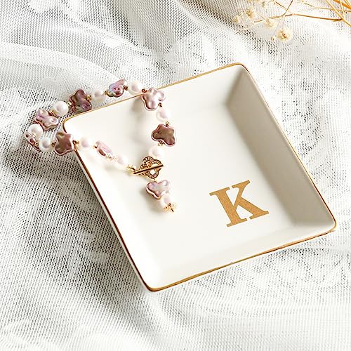 COLLECTIVE HOME - Ceramic Jewelry Tray, Monogram Decorative Trinket Dish for Rings Earrings Necklaces Bracelet Watch Keys, Birthday Mother's Day Christmas Gift for Women, 4" x 4" (K) - color: K