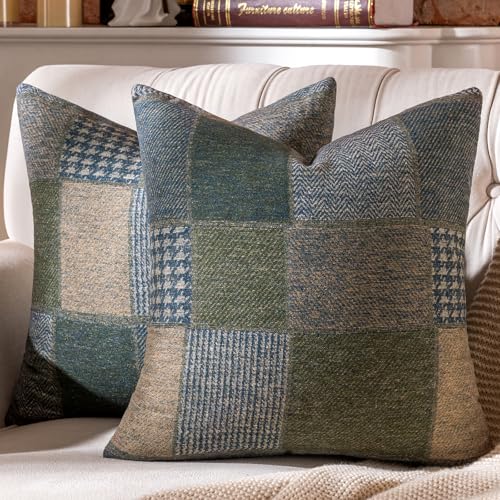 Set of 2 Throw Pillow Covers Woolen Patchwork Checkered Farmhouse Decorative Square Pillows Cover Pillowcase for Sofa Couch Bed 18 x 18-Inch Blue - color: Blue, size: 18" x 18" (Pack of 2)