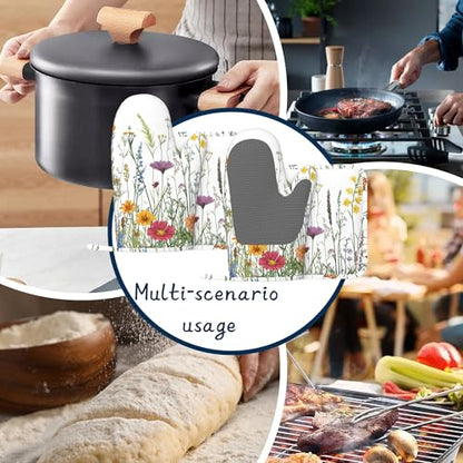 Spring Flowers Pot Holders and Oven Mitts,Rustic Wildflower Oven Mitts Heat Resistant Cotton Lining Anti-Slip Silicone Kitchen Mitts Set Hot Pads for Microwaves Cooking Baking Grilling - color: Spring Flowers