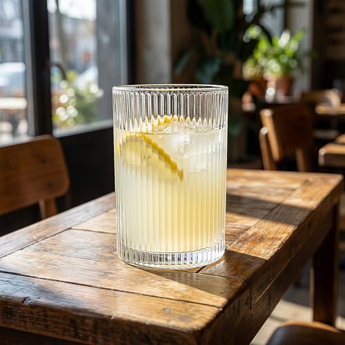 Set of 6 Large capacity Ribbed Glassware, 17oz Vintage Clear Glass Tumbler, Origami Style, Fluted Design, Ideal for Water, Iced Coffee, Mixed Drinkware, Tea, Latte, Housewarming Gift