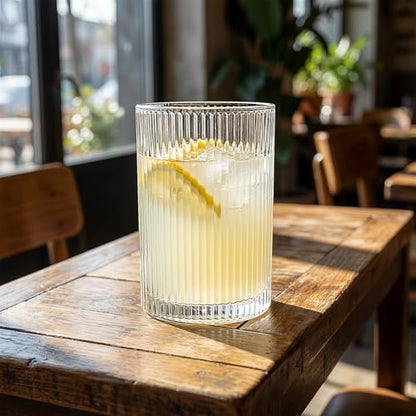 Set of 6 Large capacity Ribbed Glassware, 17oz Vintage Clear Glass Tumbler, Origami Style, Fluted Design, Ideal for Water, Iced Coffee, Mixed Drinkware, Tea, Latte, Housewarming Gift