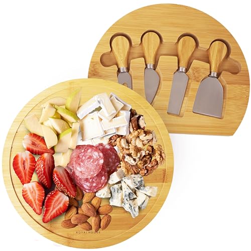 Bamboo Round Cheese Board and 4 Knives Set with Slide-Out Cutlery Drawer | Charcuterie Boards Set - House Warming Gifts New Home, Wedding Gifts for Couple, Bridal Shower Gifts - style: Round Cheese Board Set