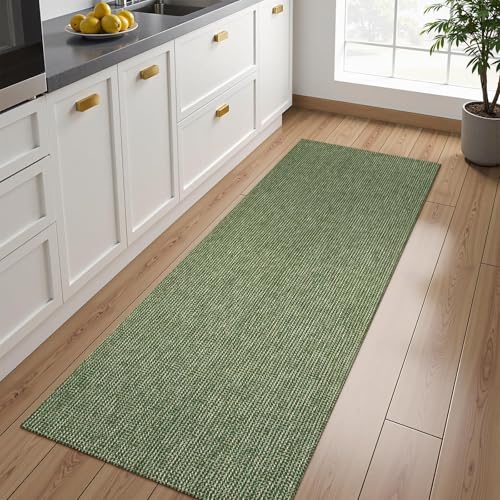Uphome Kitchen Runner Rug, 2x7 Washable Boho Rug Runners for Hallways Non Slip, Low Pile Woven Cotton Modern Carpet Runners, Stain Resistant Bedroom Runner Rug for Hallway Entryway Entrance, Green - color: Green, size: 2' x 7' (Rectangular)