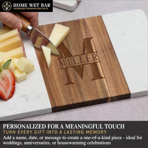 HomeWetBar Personalized Acacia Charcuterie Board | Custom 15" x 7" White Marble & Acacia Wood Cheese Board | Perfect Housewarming + Wedding + Couples Gift Idea - style: Winslow White Marble Board