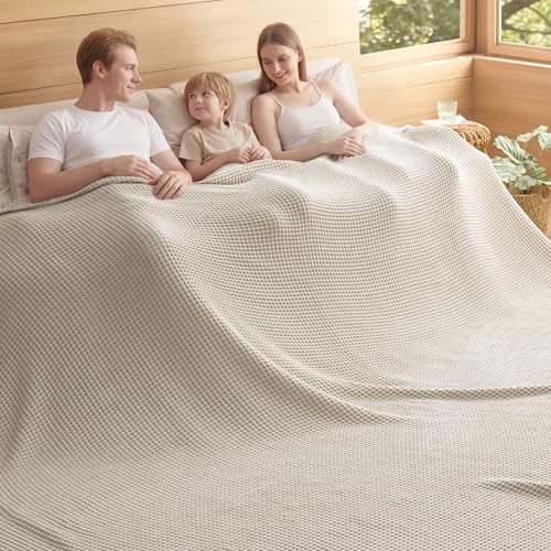 Bedsure Lightweight 100% Cotton Waffle Blanket, Oversized King, Linen | Summer, Breathable, Soft, Comfort, Light, Thin, Textured, Bed, Couch, Sofa, Chair, 120"x94", Sheet Blanket, Cozy Gifts - color: Linen, size: Oversized King (120" X 94")