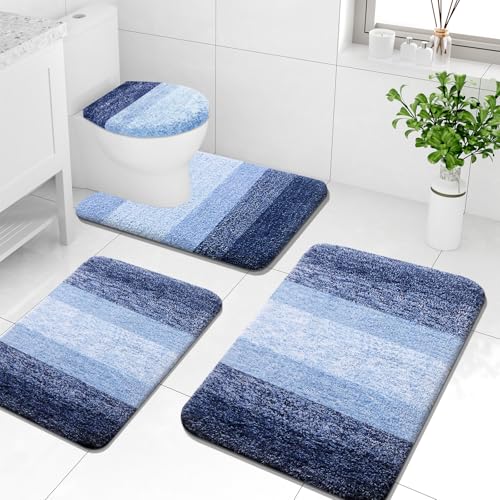 Arotive Microfiber Bathroom Rugs Sets 4 Piece, 24x16+30x20+24x20+17.5x15 | Blue, Soft Absorbent Bath Mats, Machine Wash Dry U-Shaped Contour Rug and Toilet Lid Cover for Bathroom - color: Blue, size: 30" X 20" + 24" X 16" + 24" X 20" + 17.5" X 15"