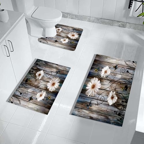 Rustic Farmhouse Bathroom Mats Sets 3 Piece, Grey Daisy Floral Butterfly Bath Mat American Country Farm Thin Rubber Diatomaceous Earth Quick Dry Rugs for Bathroom Decor - color: Rustic Daisy
