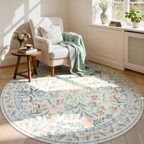 Lahome 6ft Beige Round Rug, Cream Floral Circle Babay Girls Bedroom Rug | Machine Washable Non-Slip Non Shedding Circular Carpet for Nursery Kids Room Dorm - color: Beige, size: 6' (Round)