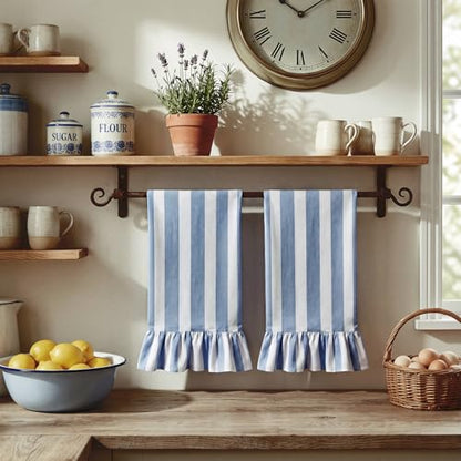 Blue Striped Kitchen Towels Set of 2, 100% Cotton Ruffled Striped Dish Towels 18"x31" Absorbent Tea Cloths Classic Pattern for Farmhouse Charm, Drying Dishes, Entertaining Guests - color: Blue