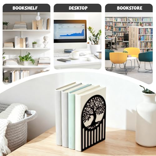 5.3"x4.3"x7.9" Metal Bookends, Heavy Duty Book Ends for Shelves | Tree Of Life Pattern Theme Cast Iron Book Supports, 1 Pair Decor Stoppers for Desk, Library, Office & Home Shelves - style: Tree Of Life Pattern