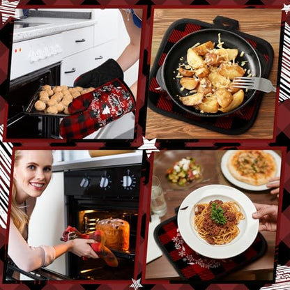 Sratte 20 Pcs Christmas Kitchen Towel Oven Mitts and Pot Holders Set Red and Black Buffalo Plaid Dish Cloths Set Heat Resistant Oven Gloves Hot Pads Reusable Dish Rags, Absorbent Towels