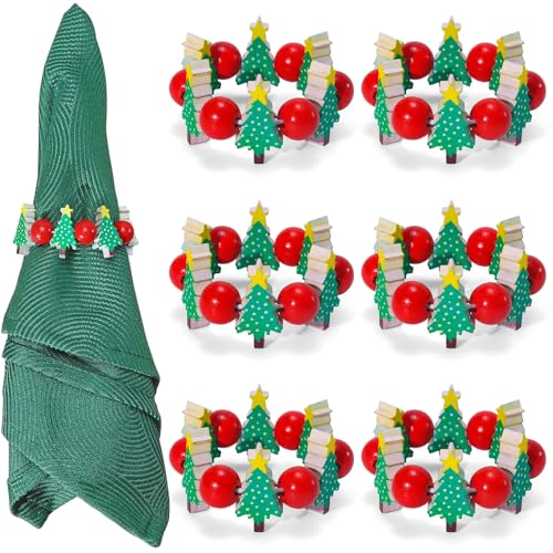 KPOSIYA Christmas Napkin Rings Set of 6, Xmas Tree Napkin Rings for Table Decor, Wooden Napkin Holder Buckle for Christmas,Winter Holiday, Home Party, Wedding Supplies - size: 6pcs, style: Xmas Tree
