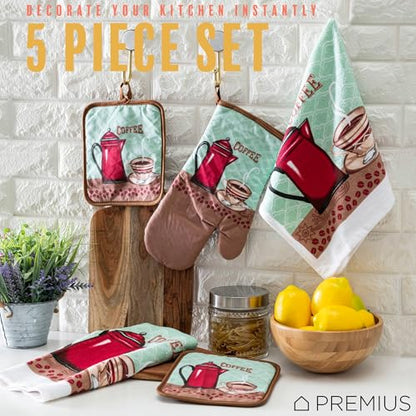 5 Piece Coffee Cup Printed Kitchen Linen Set, 2 Cotton Towels, 2 Potholders, 1 Oven Mitt with Hanging Loop, 100% Cotton Material on Front & Polyester Backing, Perfect Kitchen Accessory - color: Coffee Cup