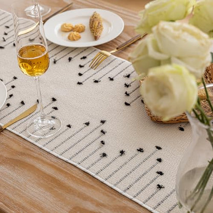 Joyfol Day Boho Table Runner, Farmhouse Stripe Cotton Table Runners with Tassels for Home Dining Table Decor, Rustic Natural Woven Dresser Scarf (Beige&Black,13 x 36 Inch) - size: 13 X 36 INCH