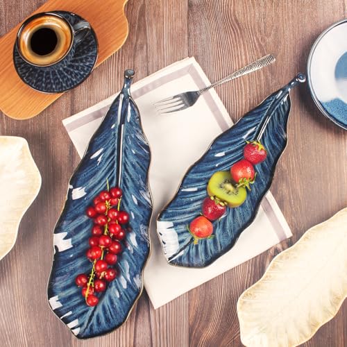 Ceramic Platter Olives Plate Set of 2, Large Serving Trays Salad, Appetizer, Cheese, charcuterie, Biscuits and snacks, Plate for Entertaining, Dishwasher Microwave Safe, Royal blue 17 Inch - color: Royal Blue, size: 17 Inch
