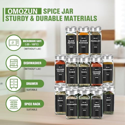 OMOZUNSpice Jars with Label, 24pcs 4oz Glass Jars with Stainless Steel Lids | Square Spice Containers with 304 Labels and Shaker Inserts, Empty Seasoning Bottles for Drawer, Cabinet, Seasoning Organizer - color: Stainless Steel Lid*24 Jars