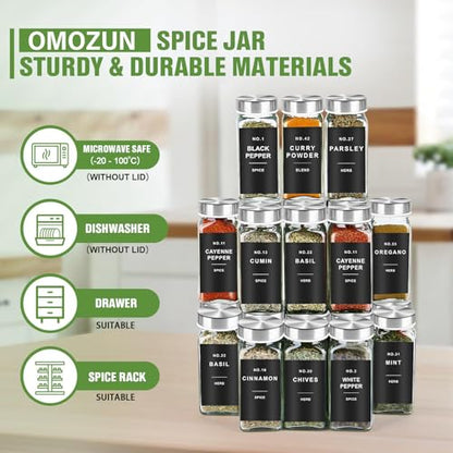 OMOZUNSpice Jars with Label, 24pcs 4oz Glass Jars with Stainless Steel Lids | Square Spice Containers with 304 Labels and Shaker Inserts, Empty Seasoning Bottles for Drawer, Cabinet, Seasoning Organizer - color: Stainless Steel Lid*24 Jars