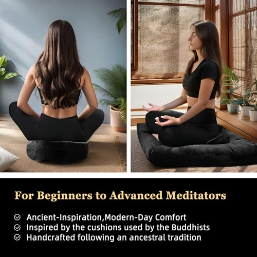 Meditation Cushion Set Zafu & Zabuton – Buckwheat Hull & Memory Foam, Adjustable Floor Pillow for Yoga, Meditation & Sitting, Removable Velvet Cover (Classic Black) - color: Classic Black