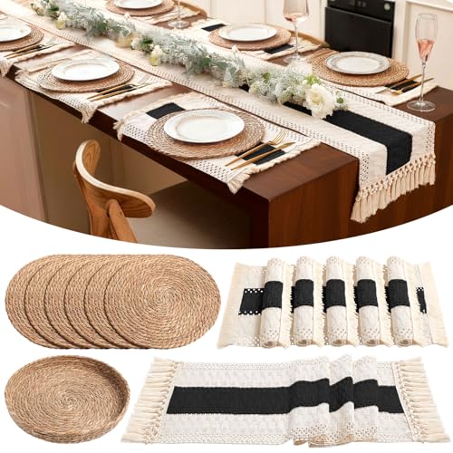 Boho Placemats 4/6/8 Set of Round Woven Placemat Macrame Style Bicolor Stitching Long Table Runner Farmhouse Rustic Natural Burlap Cotton for Kitchen Dining Table(6 Sets,Black A,12x72) - color: Black a, size: 12x72"