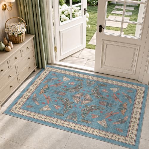 Arenarug Entryway Rug 3x5 Non Slip Washable Area Rug Insect Boho Soft Distressed Vintage Lightweight Low Pile Carpet for Living Room, Bedroom, Dining Room, Kitchen, Office, Light Blue - color: Light Blue, size: 3'x5'