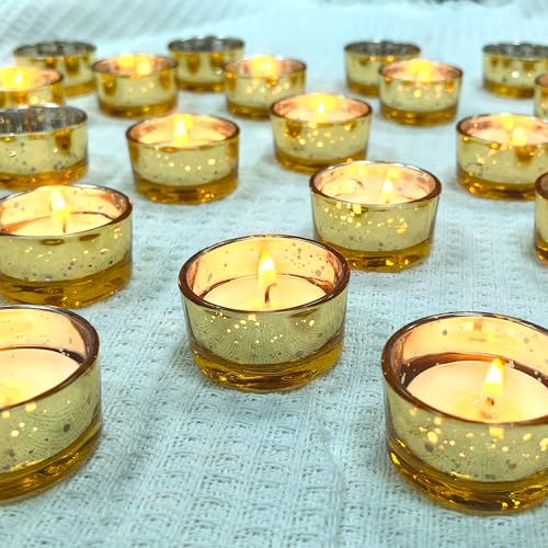 GOLDEAL 30 Pcs Samll Glass Tealight Candle Holders Speckled Gold Glass-Tea Candle Holders Bulk-Perfect for Weddings, Parties, Dinners - Ideal for 1.5" Standard Tealights and Candle Moulds… - color: Speckled Gold