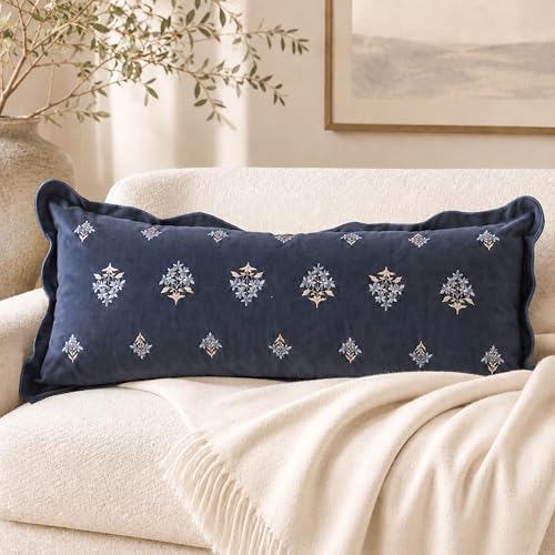 BlissBlush Long Lumbar Pillow Cover 14x36 for Bed, Navy Blue Velvet Decorative Lumbar Pillow Cover, Floral Accent Cushion Cover with Embroidery and Scalloped Edge for Couch Sofa Bed, Cover ONLY - color: Navy Blue, size: 36" x 14" (Pack of 1)