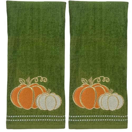 Fall Farmhouse Green Bathroom Hand Towels , Orange & Gold Pumpkins, 16"x25" | Set of 2, 100% Cotton, Embroidered Harvest Design, Fancy Trim, Perfect for Parties & Gifts, Kitchen & Bath Decor Accent - color: Boho Pumpkins