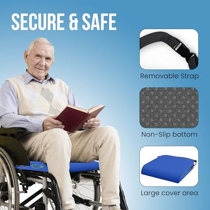 Extra Large Memory Foam Seat Cushion - Wheelchair Cushion Pad, Anti-Slip, Removable Strap, Coccyx Pain Relief, 19” X 17” X 3” (Blue) - color: Blue