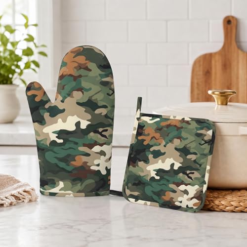 Green Camouflage Oven Mitt and Pot Holder with Silicone Heat Resistant Kitchen for Cooking BBQ Baking Grilling Cooking Protection - color: Green Camouflage