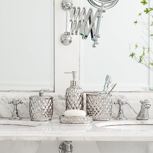 Bathroom Accessories Set, 4-Piece Ceramic Bath Accessory Complete Set with Lotion Dispenser/Soap Pump, Cotton Jar, Soap Dish and Toothbrush Holder (Pineapple Pattern, Silver Grey)