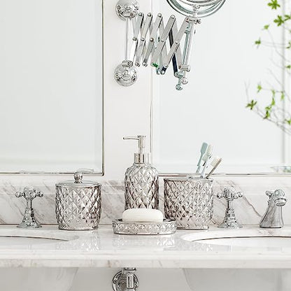 Bathroom Accessories Set, 4-Piece Ceramic Bath Accessory Complete Set with Lotion Dispenser/Soap Pump, Cotton Jar, Soap Dish and Toothbrush Holder (Pineapple Pattern, Silver Grey)