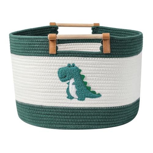 Large Blanket Basket 35L Cotton Rope Basket with Wooden Handles Woven Baskets for Kids Stuffed Animal Toys Storage for Nursery, Laundry Hamper Clothes Baby Hamper Boys Gift Basket Empty, (Dinosaur ） - color: Dinaosaur, size: Large
