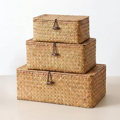 Wicker Handwoven Seagrass Storage Baskets for Organizing With Lids,boho rectangle decorative storage boxes, stackable natural rattan for Shelf,Closet,Bedroom,bathroom,three-piece set