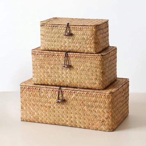 Wicker Handwoven Seagrass Storage Baskets for Organizing With Lids,boho rectangle decorative storage boxes, stackable natural rattan for Shelf,Closet,Bedroom,bathroom,three-piece set