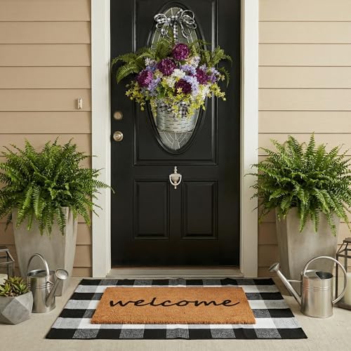 2-Piece Layered Front Doormat Set, Welcome Natural Coco Coir Door Mat + 28"x43" Black and White Buffalo Plaid Rug, Non-Slip Backing Outdoor Entryway Decor for Front Porch, Patio, Home - color: Welcome - Black and White Plaid