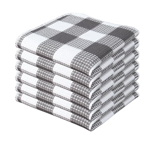 Waffle Weave Plaid Dish Cloths, 100% Cotton, 12x12 Inch, Soft Absorbent Quick Drying Buffalo Check Dish Rags for Kitchen, 6 Pack, Spring Easter Summer - Steel Grey and White - color: Steel Grey White, size: 12 x 12 - 6 Pack