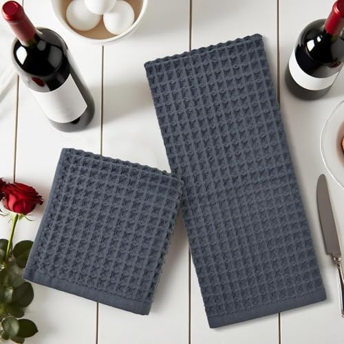 Jacquotha Waffle Hand Towels for Bathroom 2-Piece (Charcoal Blue) | Cotton Quick Dry Lint Free Face Towels 13” x 29” - color: Charcoal Blue